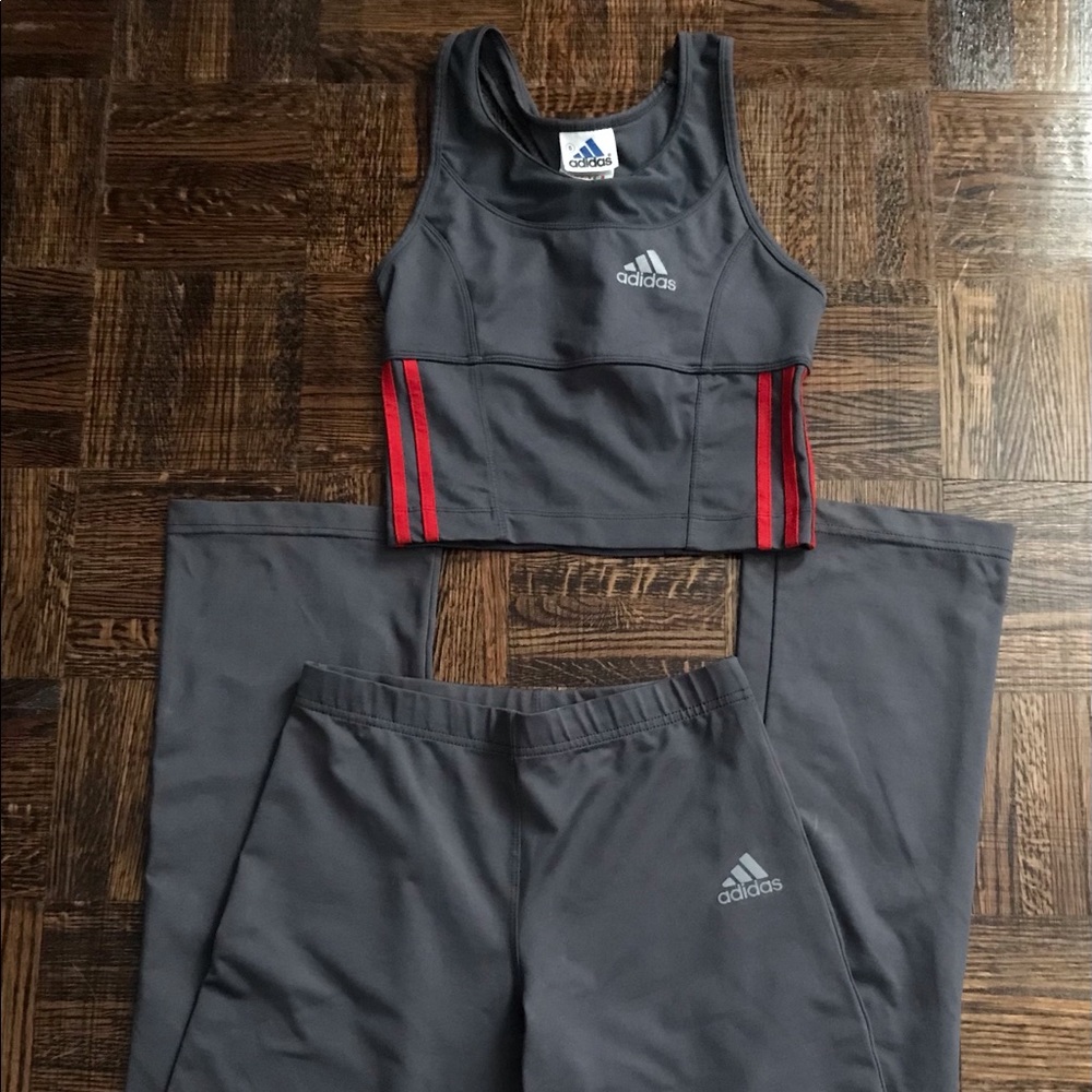 adidas Gray Crop Tank and Leggings Set with Red Accents